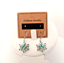 New Women's Snowflake Drop Earrings Blue Topaz Color Crystals Silver Tone Metal - $9.89