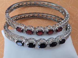 Garnet/ Black Spinel Stainless Steel Heart Design Bangle With Push Lock 7.25 In. - $27.95+