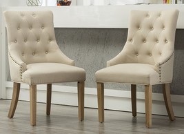 Set Of 2 Tan Button Tufted Solid Wood Wingback Hostess Chairs With Nail Heads - £170.88 GBP