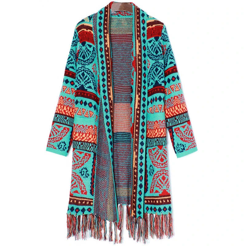 Boho Knit Cardigans Vintage Jacquard Coat For Women Geometry Open Front Tels Chr - £105.88 GBP