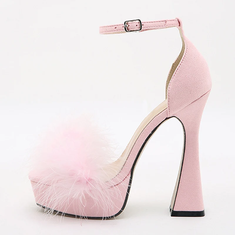 Fashion Pink Feather  Platform Sandals Women Peep Toe Ankle Buckle Strap... - £92.94 GBP