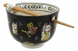 Lucky Cat Japanese Maneki Neko Black Porcelain Ramen Bowl With Chopsticks Set - £15.97 GBP