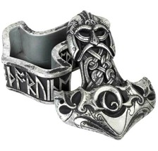 Alchemy Gothic Viking Thor&#39;s Hammer Trinket Box w/ Lid Antiqued Silver Resin V79 - £23.06 GBP