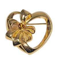 Avon Gold Tone Heart Brooch Pin November Orange Birthstone Rhinestone vintage - £5.36 GBP