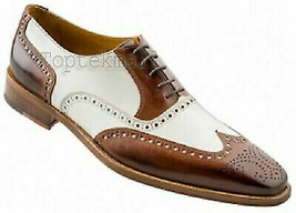 Handmade Men&#39;s Leather Oxfords Wing Tip Brogue White Brown Spectator Shoes-248 - £180.32 GBP