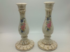 Candle Holders  Candlesticks  Italy Pottery Pair Vintage Ceramic Floral ... - $19.59