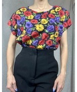 Vtg 80s Multi Color Floral Bold Maximalist Print Casual Blouse Shirt Sz ... - £9.22 GBP