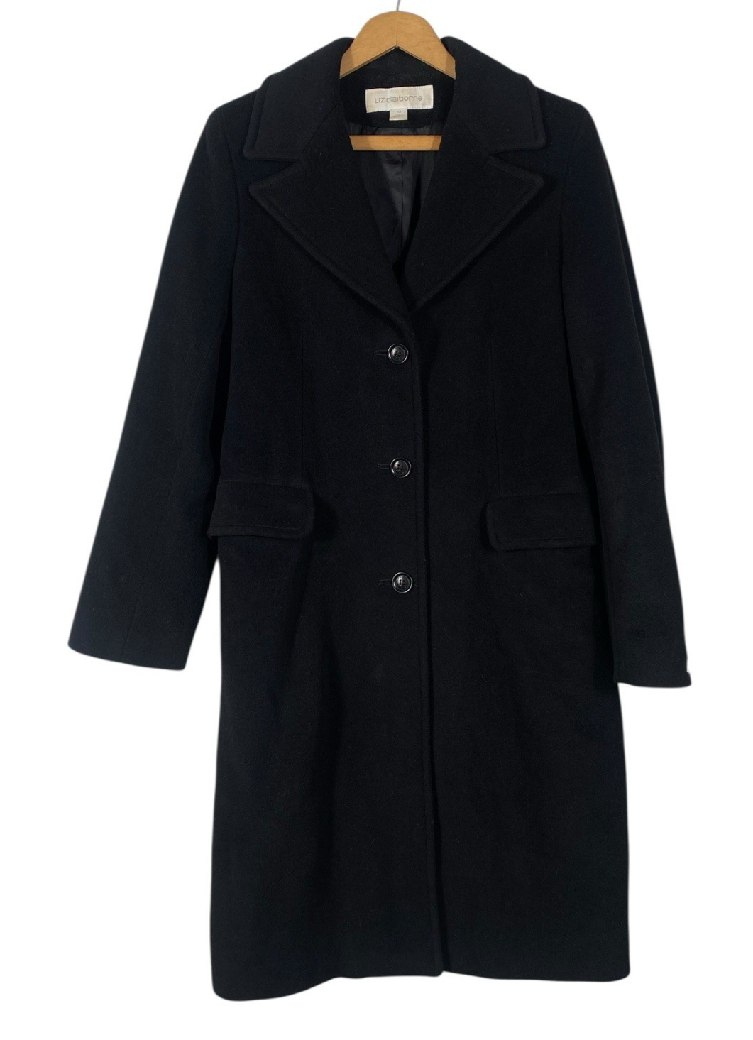 Liz Claiborne Overcoat 10 Black Womens Long Pea Coat Cashmere Wool Quiet... - $99.89