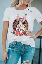 White Easter Bunny Floral Leopard Graphic Distressed T Shirt - £14.46 GBP
