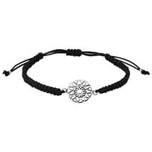 Healing Mandala Flower Sterling Silver Black Cotton Rope Adjustable Bracelet - £12.41 GBP