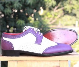 Handmade Men’s White Purple Wing Tip Leather Shoes - $149.99