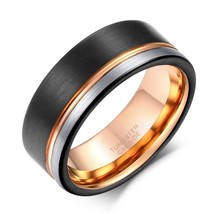 Ring Men Tungsten Ring Black Rose Gold Line Brushed 6/8mm Wedding Band Engagemen - $22.77