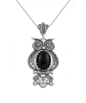 Filigree Art Owl Figured Black Onyx Gemstone Women Silver Pendant Necklace - $37.99