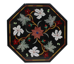 24&quot; Black Marble Top Center Coffee Table, Gemstone Inlay Floral Arts Tab... - £841.74 GBP