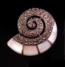 Vintage Signed Snail Brooch - sterling marcasite pendant - mother of pearl inlay - £130.50 GBP