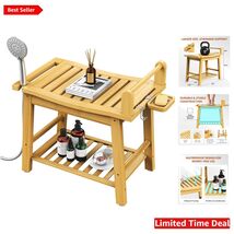 Waterproof 2-Tier Bamboo Shower Stool with Arm and Hook for Seniors &amp; Di... - $116.77
