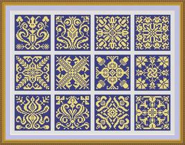 Antique Sampler Square Mini Tiles Set 2 Monochrome Cross Stich Pattern PDF - $5.00