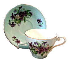 Aynsley Tea Cup and Saucer Purple Violets with Stand Aqua Purple Gold Rim - £36.60 GBP