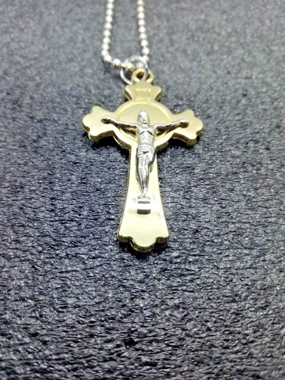 Bi-color Relief Christian Gold Silver Inox Steel Cross Pendant Necklace  - $7.70