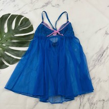 Victorias Secret Babydoll Negligee Top size M Blue Pink Lace Sheer Mesh - $24.74