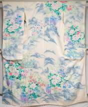 Peonies Carnations Irises in Mountains Furisode - Silky Smooth Japanese ... - $127.00