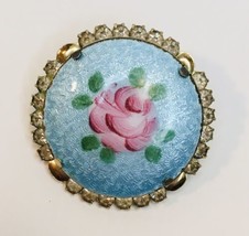 Vintage Guilloche Blue Pink Rose Flower Brooch Rhinestones Round Gold Tone - £14.95 GBP