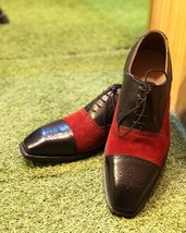 Bespoke Handmade Black &amp; Red Color Genuine Leather Cap Toe Brogues Men O... - £157.24 GBP