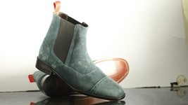 Handmade Men&#39;s Gray Suede Cap Toe Chelsea Boots, Men Ankle Casual Fashion Boots - £127.59 GBP