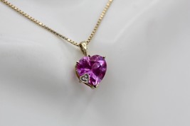 Fine 10K Yellow Gold Lab Created Pink Topaz Heart Shaped Pendant w/ Accent - £70.50 GBP