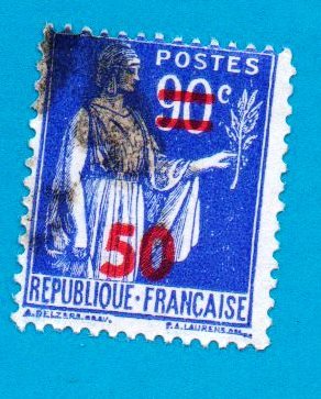   Used 1940 France Postage Stamp -Overprint 90 over 50 - Scott #406 - $1.99