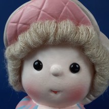 Little Kid Coin Bank Chalkware Lefton VTG 80's Yarn Hair 03062 Rubber Stopper - £11.60 GBP