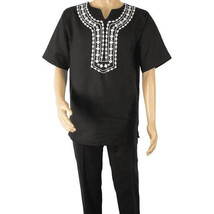 Men 2pc Stacy Adams leisure suit Linen Cotton With Embroidery 3668 Black... - $119.99