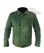 Mens Green Trucker Leather Jacket Cow Suede Western Denim Jeans Style Shirt - $193.79