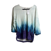 Chico’s Size 2 Ombré Blue White Purple Shirt 3/4 Sleeves V Neck Ruching Sides - £21.23 GBP
