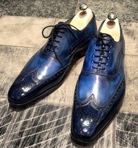 Elegant Blue Whale Color Wingtip Pointed Toe Oxford Premium Leather Dres... - $127.39