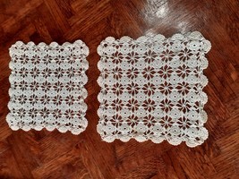 2 Vintage Crocheted Square Doily,Round Pattern, Ivory, 8&quot; Pair - $18.43