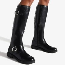 SHOE DAZZLE - Georginna Faux Leather Buckle Flat Knee High Boots - £30.16 GBP