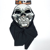 Metallic Silver Skull Mask Hood Hard Plastic Halloween Costume New - £13.44 GBP