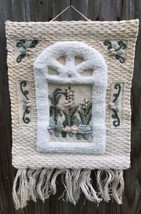 Vtg. Floral Embroidered Cathedral Fringed Tapestry Sage Beige Wall Decor India - £31.15 GBP