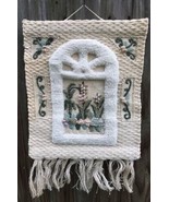 VTG. FLORAL EMBROIDERED CATHEDRAL FRINGED TAPESTRY SAGE BEIGE WALL DECOR... - $53.60 CAD