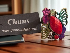 Chuns Red Oval Eye Shape Gemstone Butterfly Ring Jewelry Adjustable Flowers - $9.40