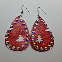 Christmas Earrings Teardrop Red Trees Bling Rhinestone Faux Leather Hook Drop - £5.45 GBP
