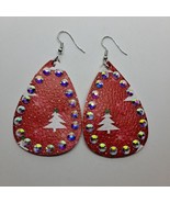 Christmas Earrings Teardrop Red Trees Bling Rhinestone Faux Leather Hook... - £5.55 GBP