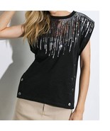 Cotton Knit Silver Sequin Detail Top Black Small - $47.39 CAD