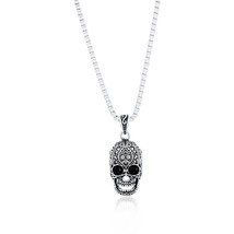 Stainless Steel Oxidized Skull &amp; Black CZ Eyes, Necklace - £38.72 GBP