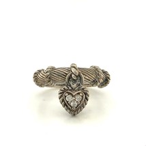 Vintage Sterling Signed 925 Judith Ripka Thailand CZ Heart Dangle Rope Ring sz 6 - £54.51 GBP