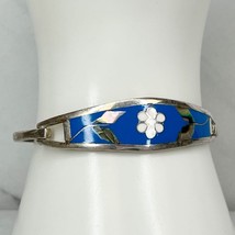 Vintage Mexico Silver Tone Abalone Shell Flower Blue Inlay Hinge Bangle ... - $24.74