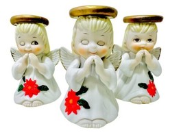 Set Of 3 Praying Angel Bells Vintage 1960&#39;s Bisque Porclain Poinsettias On Gown - £18.74 GBP