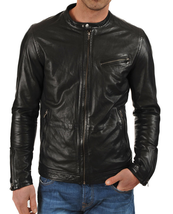 Men&#39;s Genuine Lambskin Leather Jacket Black Slim fit Motorcycle jacket -... - $160.00 CAD