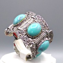 Vintage Marbled Plastic Cabochon Panel Bracelet, Silver Tone with Turquoise - $31.93